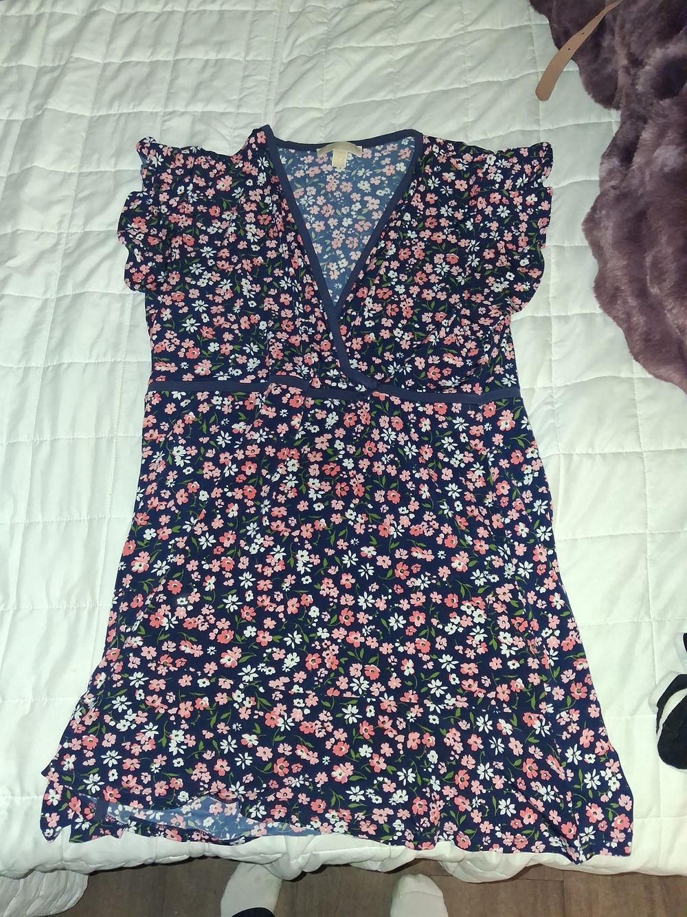 MICHAEL Michael Kors Navy Floral Wrap-Style Midi Dress with Pink & White Blooms